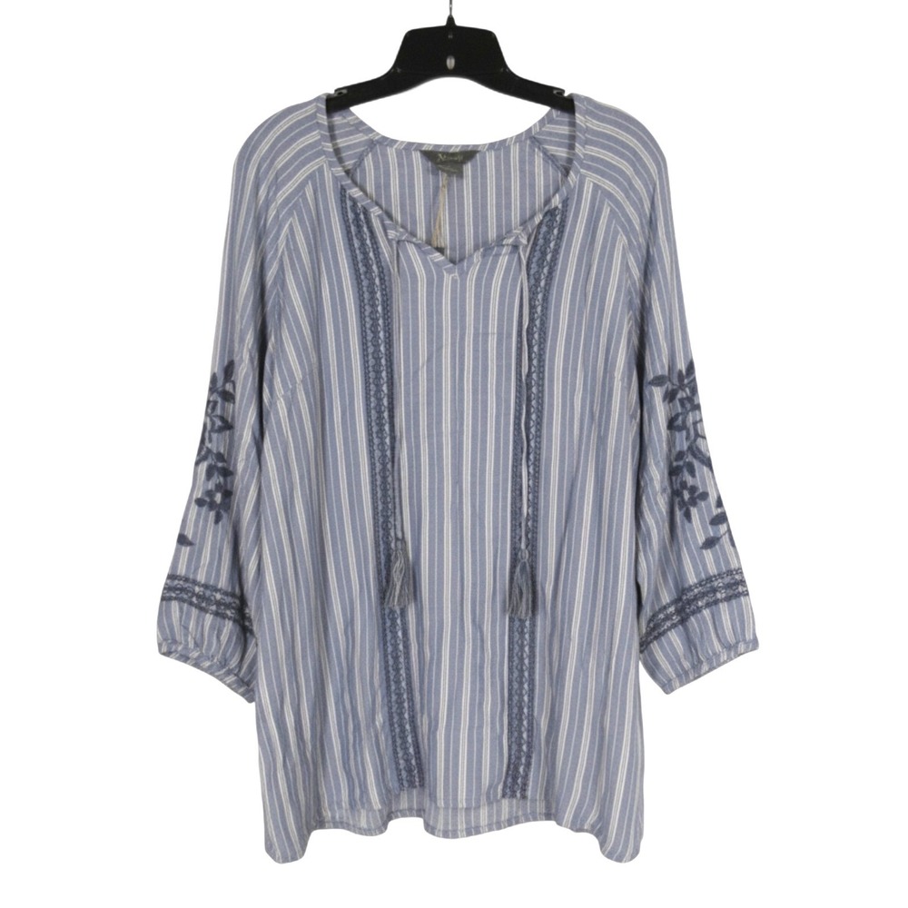 NWT NATURAL REFLECTION Blue Indigo STRIPES Twill EMBROIDERED TRIM Tunic/Blouse L